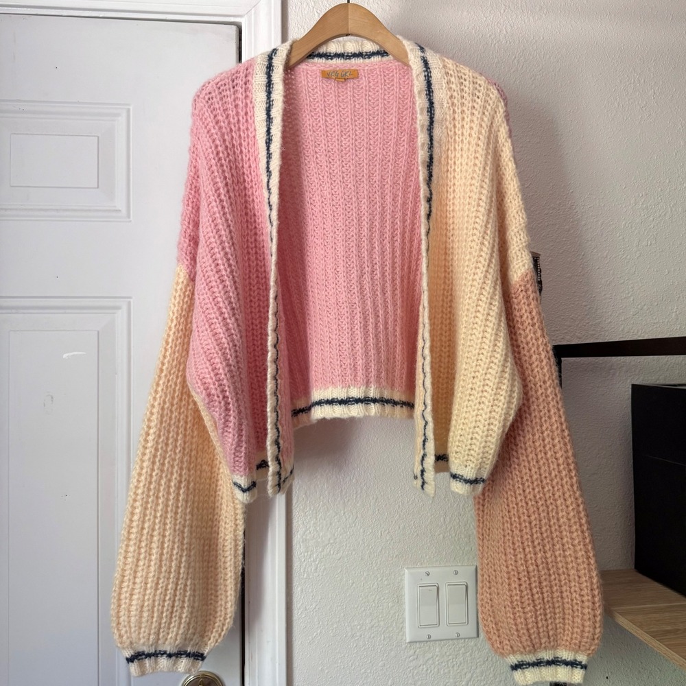 VRG GRL pastel color block chunky crochet puff oversized cardigan sweater